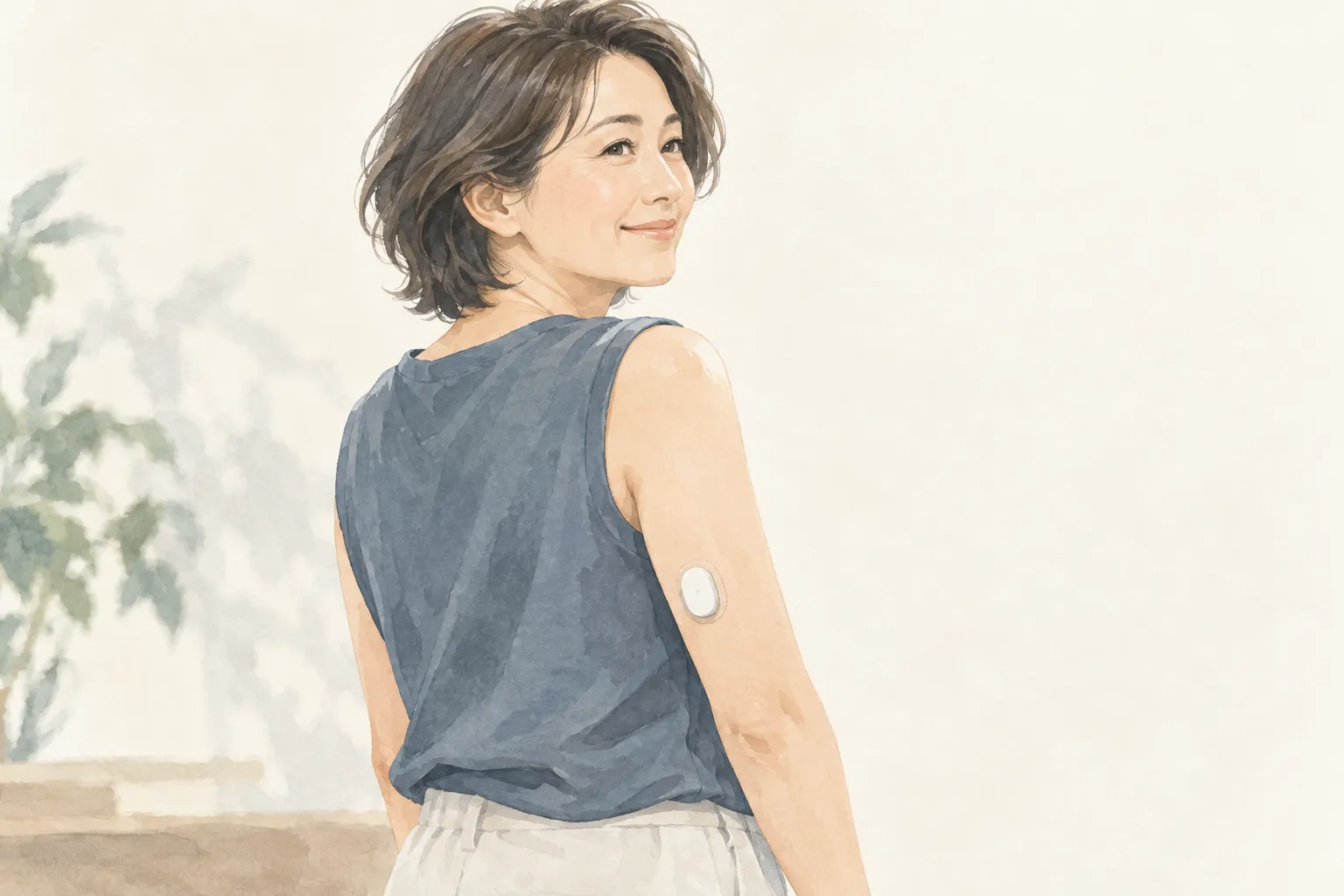 上腕の後ろに小さな白いCGMセンサーを着けた大人の女性のイラスト