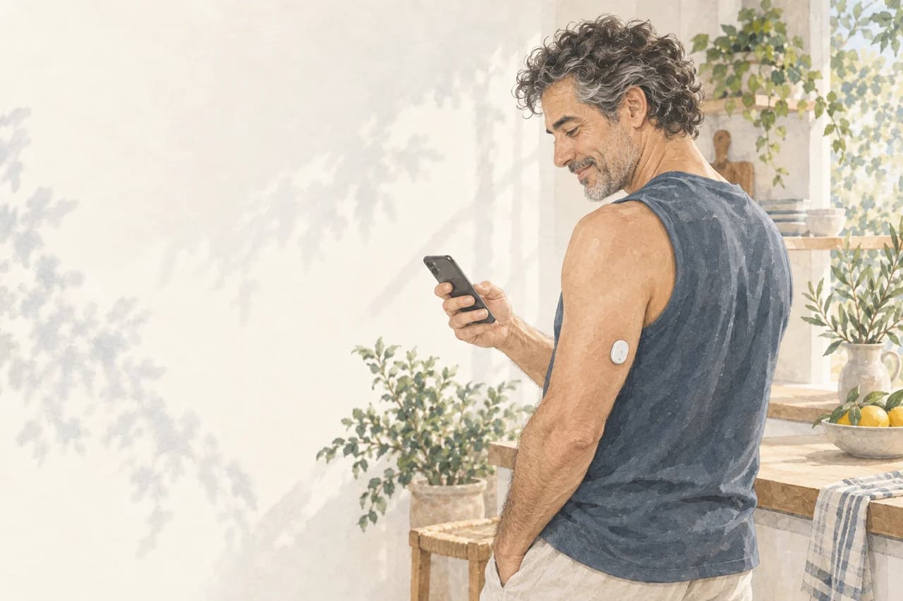 Watercolor illustration of a man checking his phone, with a small white sensor on his upper arm.