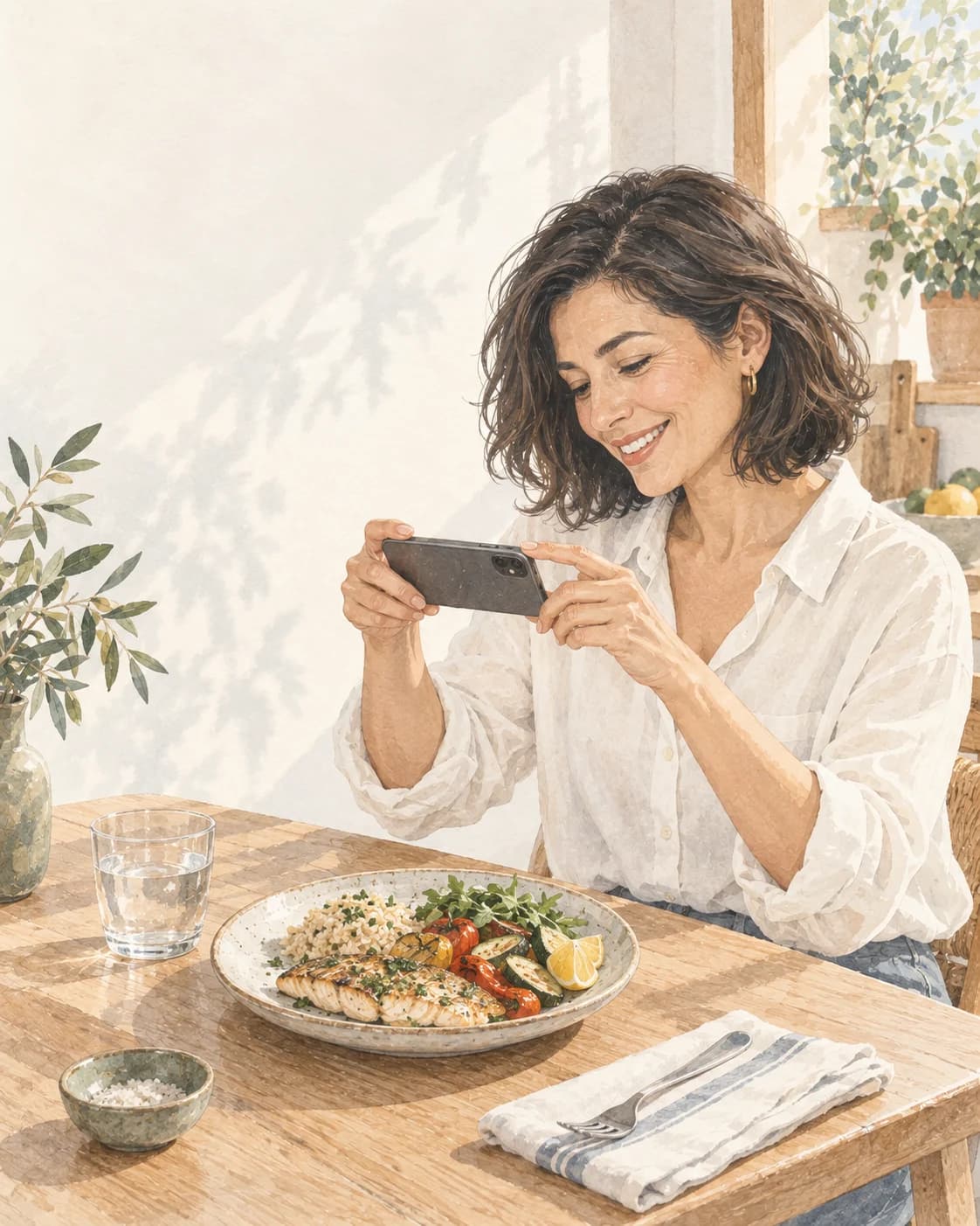 Watercolor illustration of a woman photographing a neatly plated lunch with her phone.