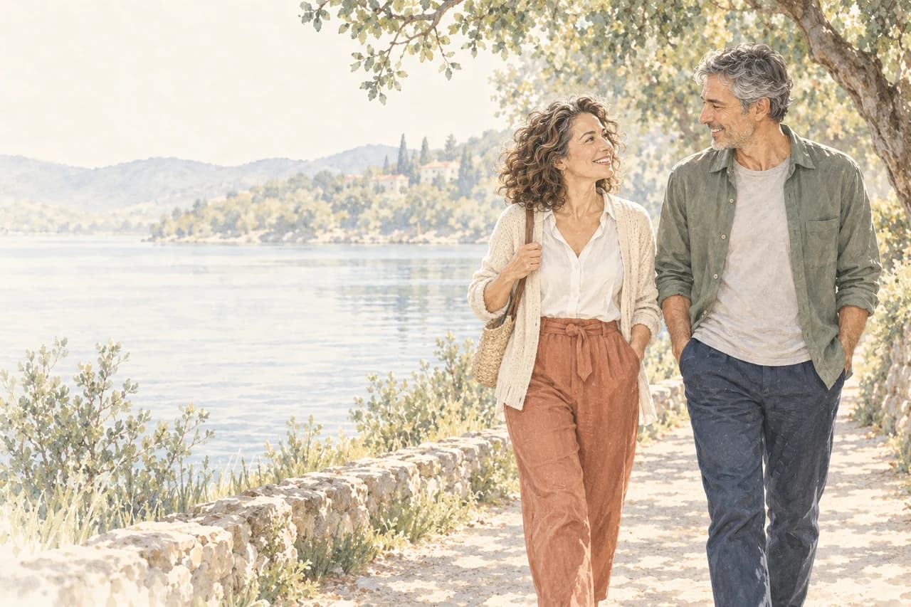 Watercolor illustration of a middle-aged couple enjoying a gentle walk beside a lake.