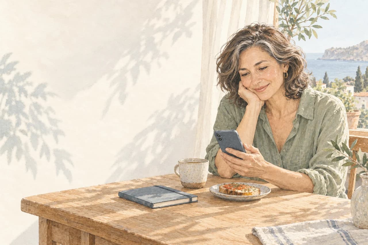 Watercolor illustration of a woman reading on her phone beside a sunny window.